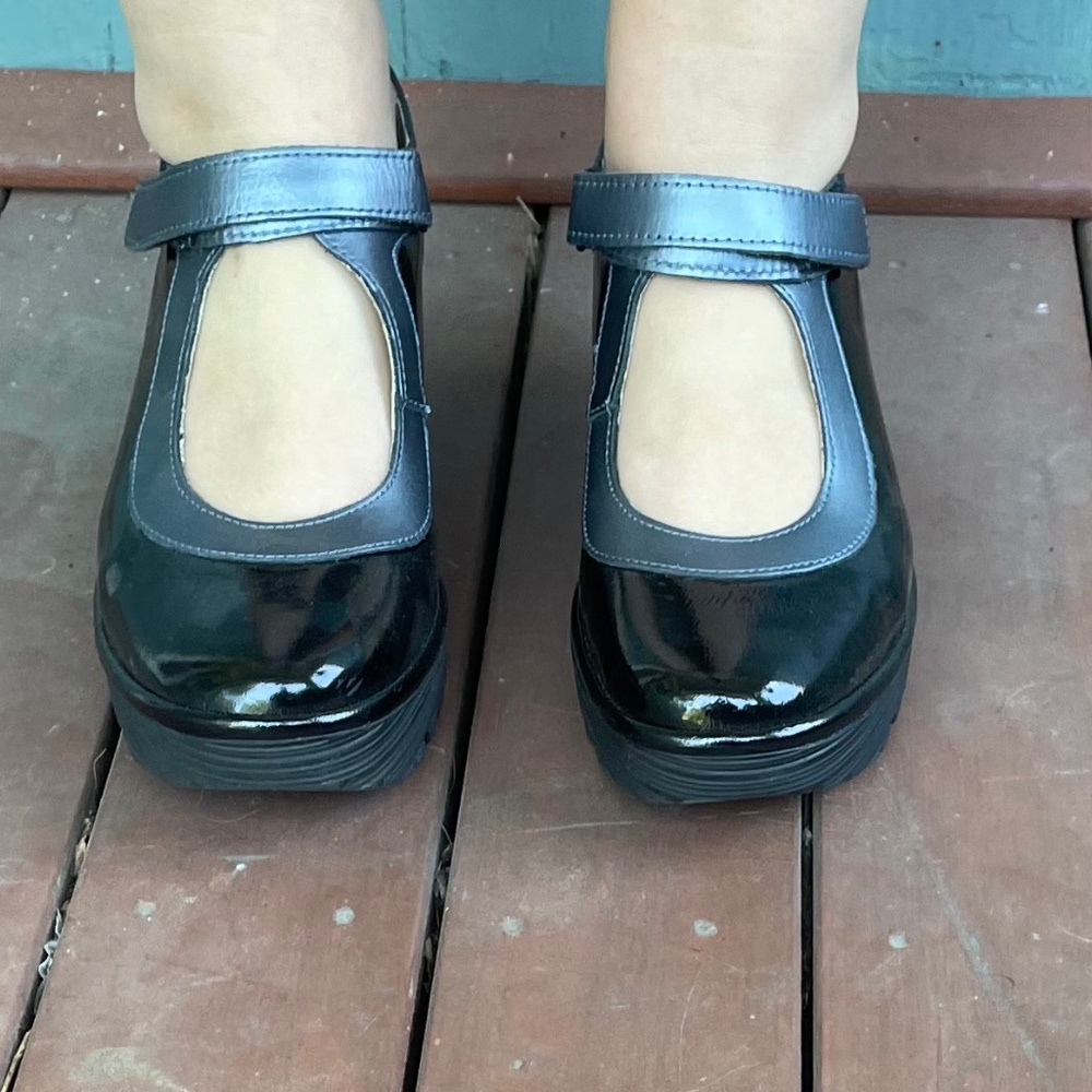 Fly London Patent Leather Mary Jane’s  with Graphite detail.
